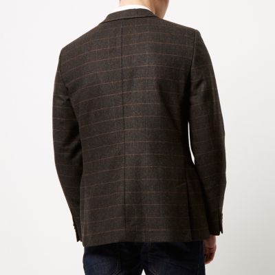 Brown check wool-blend slim blazer